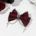 Μαύρη κόκκινη δαντέλα Lolita φιόγκος μαλλιών με κρυστάλλινη καρδιά και αλυσίδες σταυρού. - Μπορντό Μαύρη Δαντέλα (LL205-02) / Μπορντό