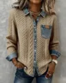Close-up detail of women's cable knit denim patchwork long sleeve shirt jacket casual style. - S / Tops / Camel