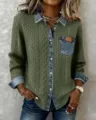 Chemisier cardigan en jean et tricot pour femme, haut vert kaki à manches longues. - Vert Militaire