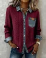 Chemise en jean patchwork en tricot pour femme cardigan manches longues automne - Bordeaux
