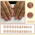 Faux ongles mi-longs nude français paillettes or rose motif feuille blanche ensemble - Style Peint Naturel Nude French (W3222) / 24 Pièces/Boîte