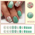 Unghie finte verde menta con glitter occhio di gatto e motivi floreali dipinti a mano. - Stile Fiore Glitter Occhio di Gatto Verde Menta (W3220) / 24 pezzi per scatola