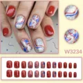 Ongles press-on style américain moyen long rond rouge argent paillettes étoiles 24pcs - Style Rayé Bleu Pailleté Rouge Argent (W3234) / 24 Pièces/Boîte