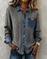 Veste Cardigan Manches Longues Patchwork Denim Tricot Gris Décontracté pour Femme - Gris clair