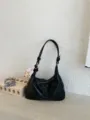 Black retro leather hobo shoulder bag with cute bear charm for women daily commute. - Black with Charm
