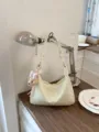 Retro pale yellow shoulder bag, soft PU leather hobo handbag with cute bear pendant for women. - Yellow + Pendant