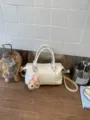 White pillow shoulder bag with cute bear keychain, versatile casual PU leather handbag. - With Pendant / White