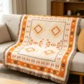 Bohemian knit throw blanket, orange tribal geometric pattern cotton blanket for sofa. - Totem Secret Realm Line Blanket