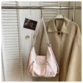 Korean style pink PU leather shoulder bag trendy casual multi pocket hobo purse for women. - Pink Without Pendant