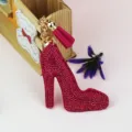 Rhinestone high heel shoe bag pendant detail, sparkling crystal keychain accessory for women. - Rose Red