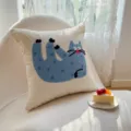 Cute blue cat embroidered chenille throw pillow cover, cozy sofa cushion for home decor. - Lying Blue Cat