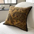 Designer vintage style artistic throw pillow with animal pattern and black piping. - Yellow Background Black Tiger