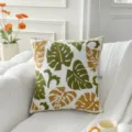 Tropical leaf embroidered cushion cover, green and yellow botanical decorative throw pillow case. - Consort Leaf Green