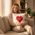 Scène de salon confortable montrant un coussin décoratif tufté avec un cœur rouge et des fleurs. - Housse 45*45 / Cœur Tufté Tournesol