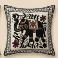 Housse de coussin brodée éléphant style asiatique en coton coussin décoratif pour canapé - Éléphant Sombre Branche Florale