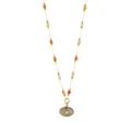 Hermoso collar de piedra natural multicolor con colgante ovalado de piedra en tono dorado. - Letra I