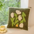 Vintage green tufted throw pillow with cute tulip and flower embroidery, cozy decorative cushion. - 45*45cm Without Core / Green Shi