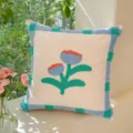 Cute vintage green plant tulip tufted throw pillow cushion with blue checkered border. - Small Orchid