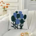 Nordic style embroidered tufted flower throw pillow cover, blue and green floral cushion case - Dark Blue Tulips Cluster