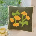Green tufted throw pillow with yellow floral pattern, vintage style cushion for sofa. - Fragrant Green