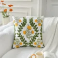 Nordic style embroidered throw pillow cover, green leaves and yellow flowers cushion case for sofa. - Path Yellow Flower