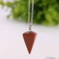 Close-up of goldstone conical crystal pendulum pendant necklace exquisite detail view. - Gold Sandstone