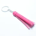 Detailed close-up view of pink leather tassel keychain and chic bag charm for women. - Rose Red