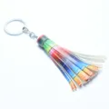 Colorful leather tassel keychain detail shot, perfect bag pendant and stylish keyring accessory. - Rainbow