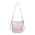 Light purple PU leather bucket bag with white beaded handle and adjustable shoulder strap. - Taro Purple
