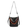 Black bucket shoulder bag with amber beaded handle, stylish PU leather crossbody bag. - Black
