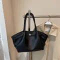 Black leather tote bag large capacity chic shoulder handbag casual winged design daily use. - Y Black