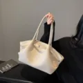 Beige leather tote bag large capacity pleated shoulder handbag stylish design for women - Z Off-White