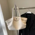 Minimalist beige suede tote bag for women, large capacity shoulder handbag with stylish wing design. - S White