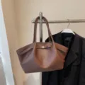 Brown leather tote bag large capacity pleated shoulder bag casual chic handbag for women - Y Coffee