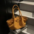Stylish brown suede tote bag with large capacity, comfortable double handles for daily wear. - T Brown