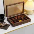 Caja de almacenamiento de madera de nogal para joyas y nueces con tapa de vidrio transparente. - 8+1 Compartimentos / Grano de Madera de Nogal