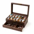 Caja para relojes de madera de 12 ranuras con tapa de cristal y cajon organizador joyeria - Caja de Joyas para Relojes de 12 Ranuras de Doble Capa / Cuero con veta de madera