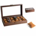 Caja de reloj de 12 ranuras de madera con tapa de vidrio y cojines de terciopelo suave. - Cuero de Grano de Madera 12 Ranuras