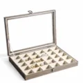 Joyero vintage con efecto de madera y tapa de cristal, organizador de 30 compartimentos. - Estilo 30 Rejillas / 35x24x4.5cm