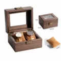 Wooden 2-slot watch storage box with clear glass lid and vintage lock for watch display - 2 Slots / Brown Wood Grain