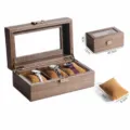 Caja expositor de reloj de madera de 3 ranuras con ventana de cristal y cojines. - Cuero de Grano de Madera 3 Ranuras