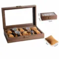 Caja de reloj de madera con 10 ranuras tapa de cristal y cojines de terciopelo vitrina - Cuero de Grano de Madera 10 Ranuras
