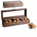 Braune hölzerne Uhrenbox mit 6 Steckplätzen, Glasdeckel und Kissen zur sicheren Aufbewahrung. - Holzmaserung Leder 6 Fächer Lang