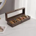 Wooden texture leather 6-slot watch display box with clear glass dustproof lid for storage. - 6 Slots / Brown Wood Grain