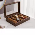 Brown wooden 10-slot watch storage box featuring a clear glass lid and soft velvet pillows. - 10 Slots / Brown Wood Grain