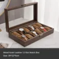 Wooden 12-slot watch storage display box with clear glass lid and vintage lock organizer. - 12 Slots / Brown Wood Grain