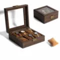 Wooden 6-slot watch display box with clear glass lid, vintage lock and velvet pillows. - 6 Square Slots / Brown Wood Grain