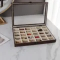 Wooden 30-grid jewelry storage box with glass lid, large capacity display organizer case for rings and earrings. - 30-Grid Storage Box / 35x24x5cm
