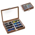 Caja de almacenamiento para 8 gafas de sol de nogal negro con tapa de cristal y cerradura. - Grano de Madera de Nogal Interior Gris
