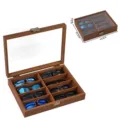 Caja de almacenamiento de gafas de sol de madera de 8 ranuras con tapa de vidrio. - Grano de Madera de Nogal Interior Café